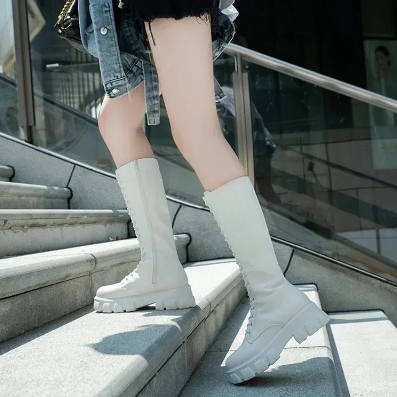 Women's Mid Calf Boots Padded Shoes Knee High Winter Sneakers Punk Style Military Casual White Black 2024 Lucury Platform Woman - Image 4