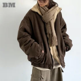 Autumn Winter American Lamb Wool Jacket Men Women Japanese Fashion Vintage Stand Collar Thick Coat Couple Trendy Jacket Unisex