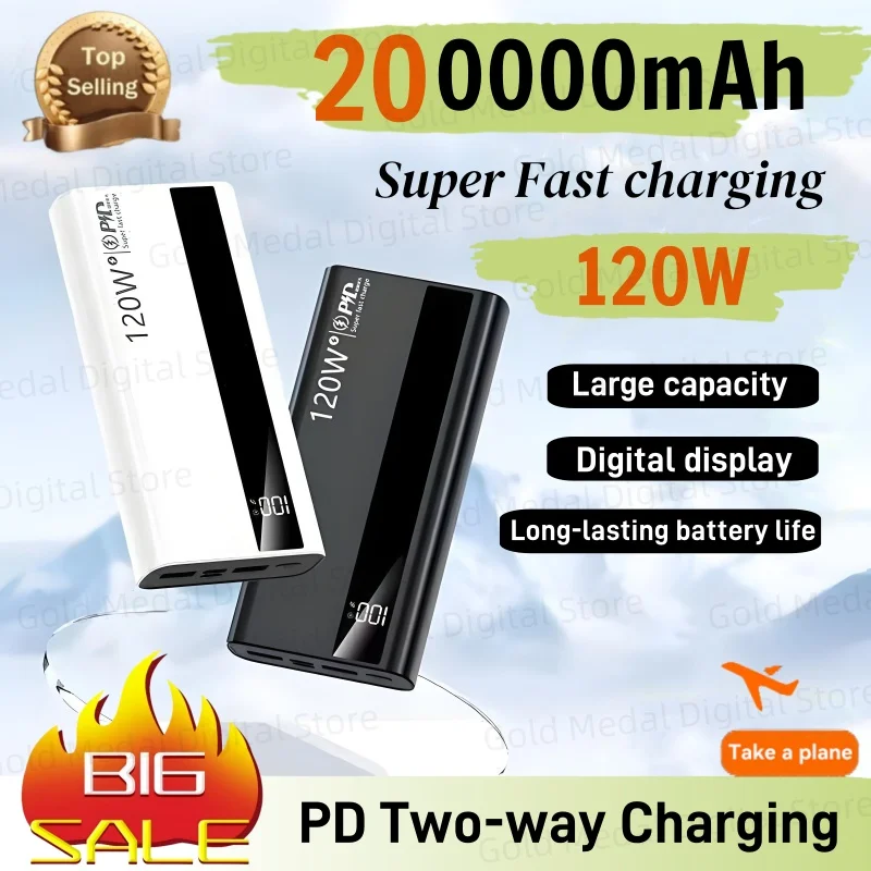 200000mAh Power Bank 120W Super Fast Charging Battery High Capacity Digital Display Power Bank For Xiaomi Iphone Samsung Huawei