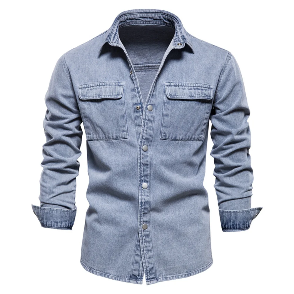 AIOPESON 100% Cotton Denim Shirts Men Casual Solid Color Thick Long Sleeve Shirt for Men Spring High Quality Jeans Male Shirt - Image 3