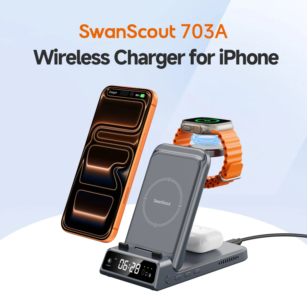 SwanScout 703A Wireless Charger for iPhone 17 16 15 14 Charging Station for Apple Watch 11 10 9 Ultra 3 SE 2 for AirPods 4 Pro 3