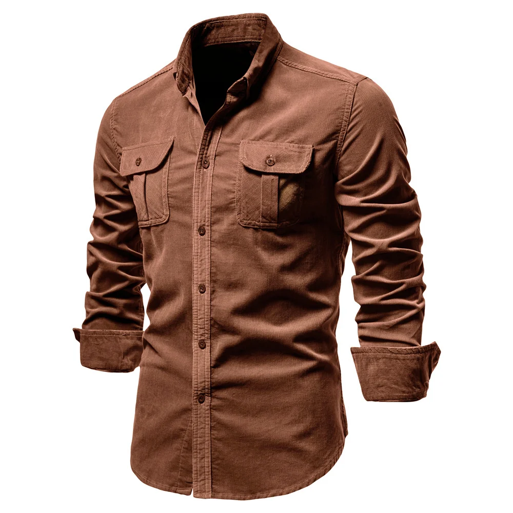 2021 New Single Breasted 100% Cotton Men's Shirt Business Casual Fashion Solid Color Corduroy Men Shirts Autumn Slim Shirt Men