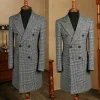 Autumn Winter Houndstooth Men's Long Coat Double Breasted Classic Jacket for Wedding Formal Blazers Groom Business Tuxedos