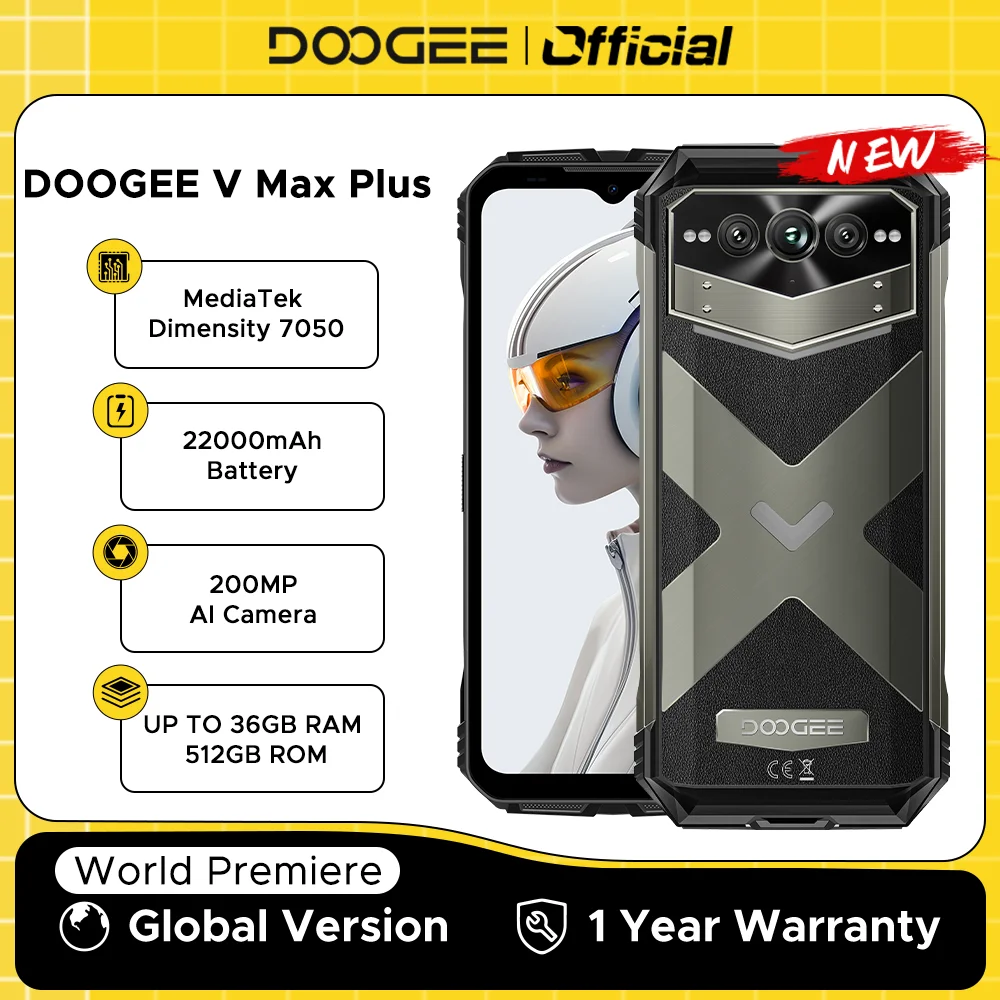 DOOGEE V Max Plus 5G Rugged Phone 6.58" Dimensity 7050 16GB+512GB 200MP Camera 22000mAh Large Battery Lighting Effect Phone