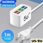 USB Power Strip Fast Charging 6 in 1 QC 3.0 Cellphone Charger Fast Charging Universal Adapter With 1m Cable Wall Charger Socket