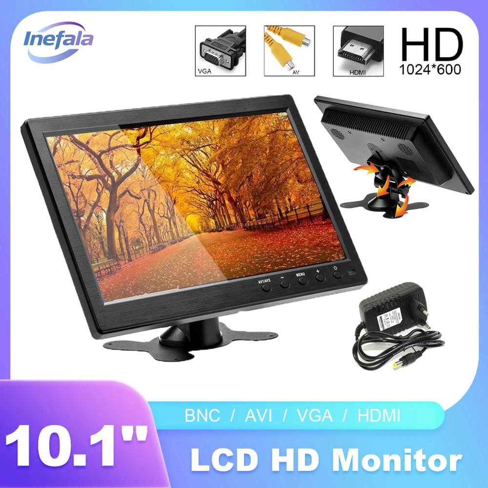 Inefala 10.1" LCD HD Monitor Portable Mini TV & Computer Display 2 Channel Video Input Security Monitor With Speaker HDMI VGA