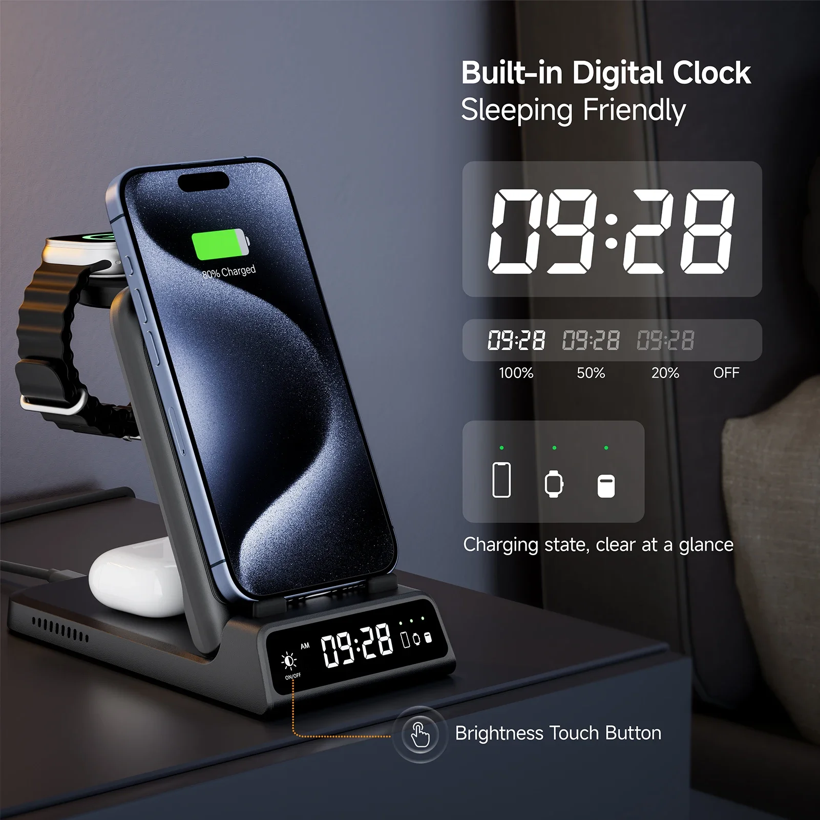 SwanScout 703A Wireless Charger for iPhone 17 16 15 14 Charging Station for Apple Watch 11 10 9 Ultra 3 SE 2 for AirPods 4 Pro 3 - Image 2