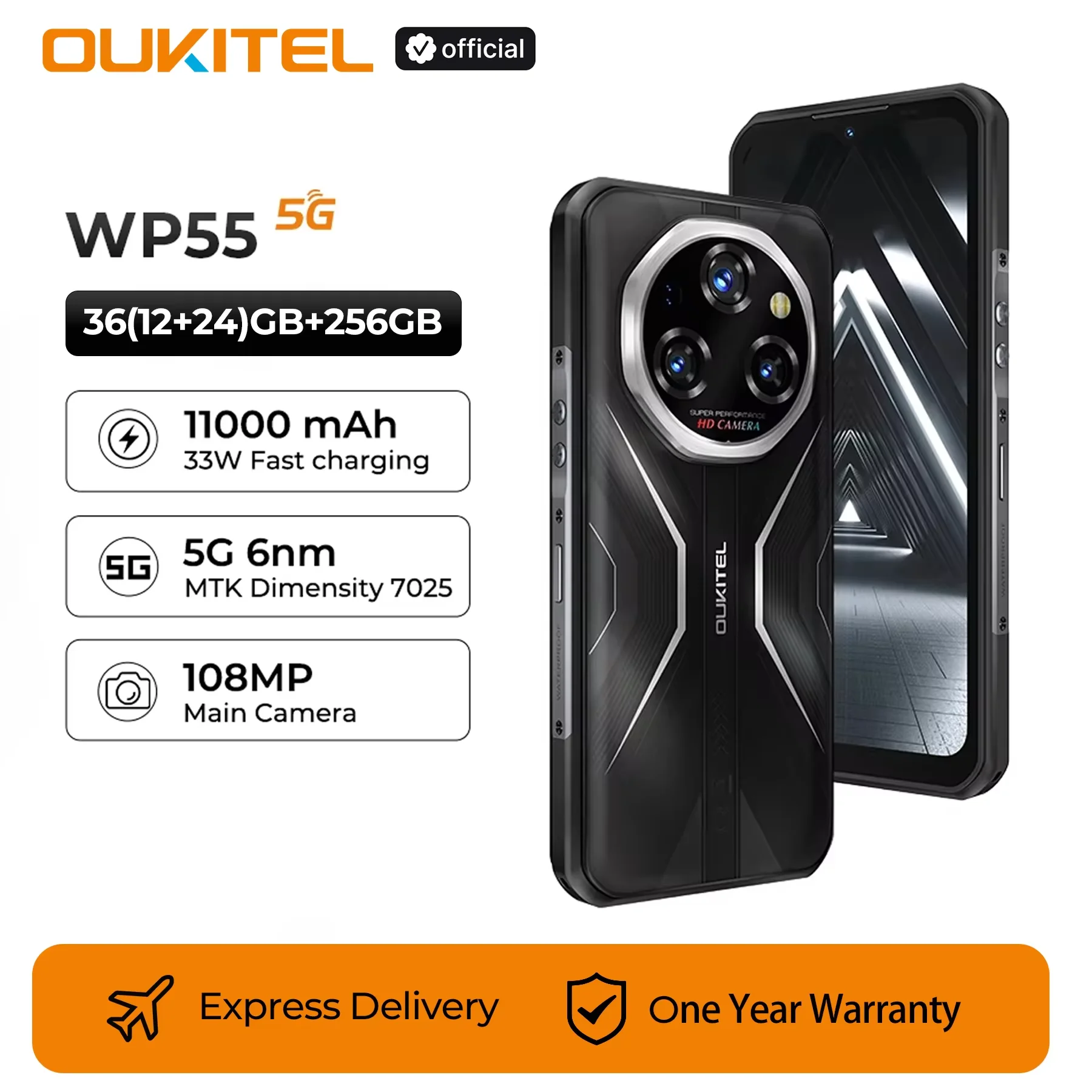 Oukitel WP55 11000mAh 5G Rugged Smartphone 36GB(12+24)+256GB Cell Phone Android 15, 108MP Camera NFC Fingerprint Mobile Phone