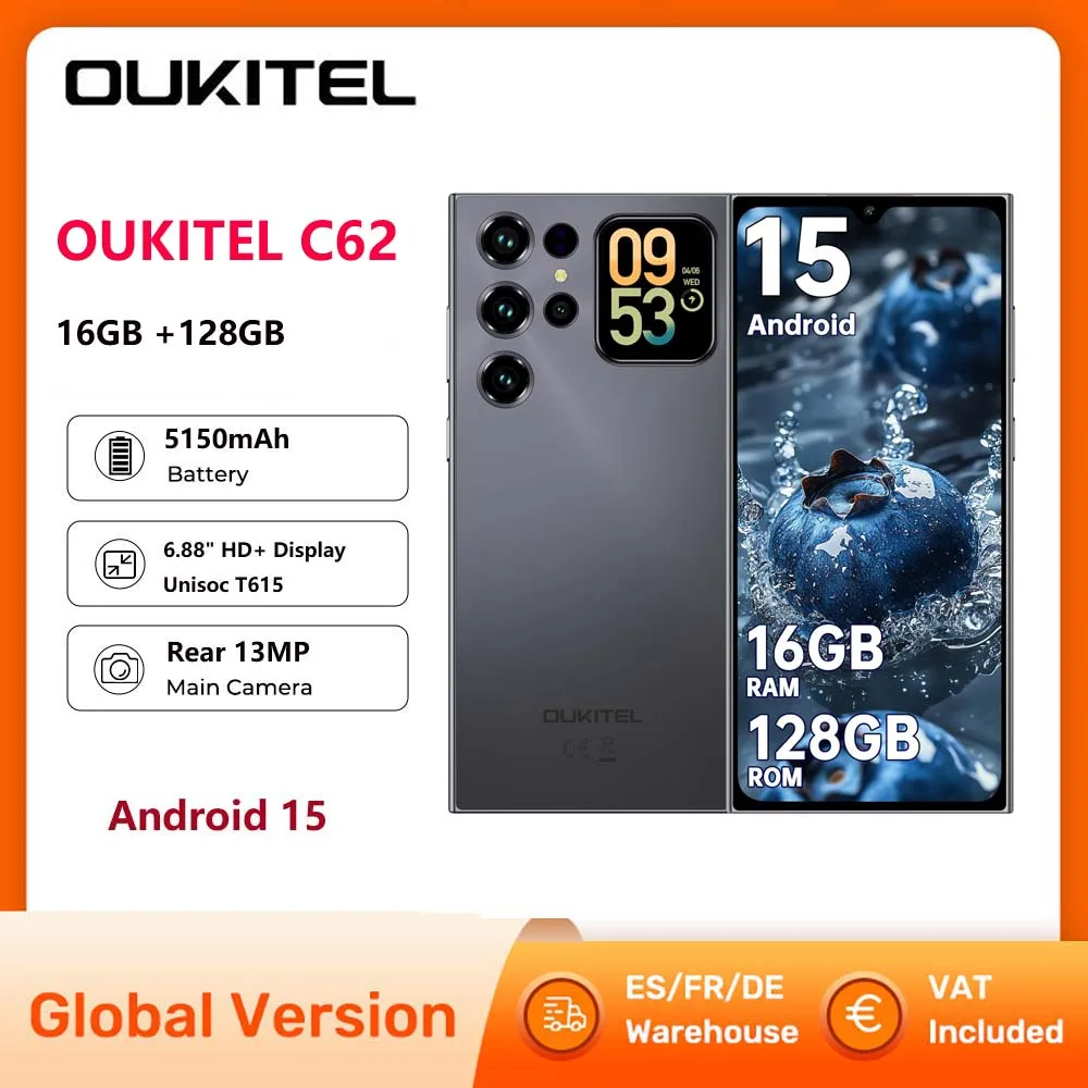 OUKITEL C62 Android 15 Smartphone 16GB +128GB Mobile Phone 6.88" HD+ 90Hz, 5150mAh 13MP+5MP Face ID/Fingerprint/OTG