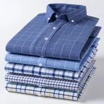 2024 Men Oxford Fashion 100% Cotton Long Sleeve Casual Slim Solid Color Plaid Print Stripe Formal Dress Shirt Plus Size