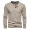 Men Long Sleeved T-shirt Cotton Slim Fit Bottoming Shirt Fitness Tops Tees Button Neck Casual Cozy Tshirt