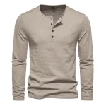 Men Long Sleeved T-shirt Cotton Slim Fit Bottoming Shirt Fitness Tops Tees Button Neck Casual Cozy Tshirt
