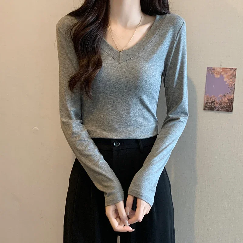 Women Solid Multi All-Match Trend Top Spring Basic Office Lady V-Neck Slim T Shirt Modal fabric Thread Long Sleeve Elastic - Image 6