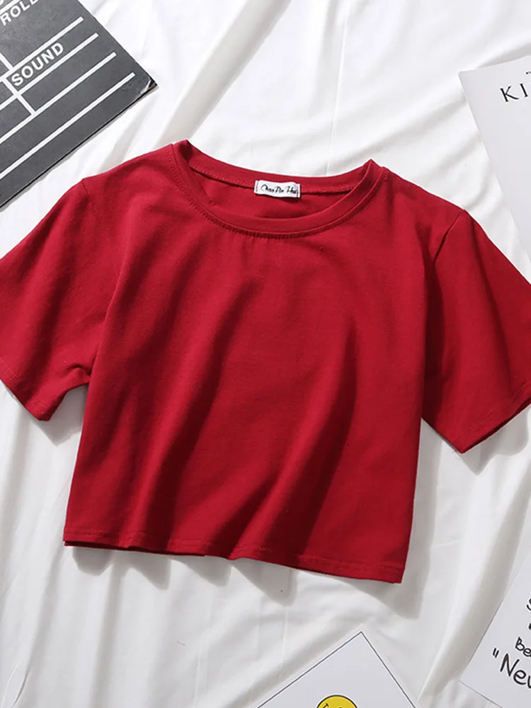 Summer Short Sleeve T Shirts Women Cotton Solid T-shirt O Neck High Waist Crop Top Tee Female Casual Loose T Shirt - Image 3