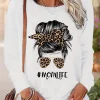 Y2k Leopard Glasses Bow Portrait Graphic Mom Life T Shirt Women's Casual Long Sleeve T-Shirt Crew Neck Top Tee Tshirt