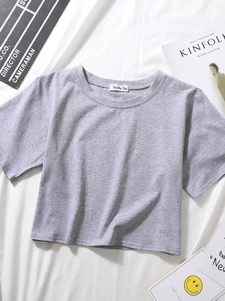 Summer Short Sleeve T Shirts Women Cotton Solid T-shirt O Neck High Waist Crop Top Tee Female Casual Loose T Shirt - Image 4