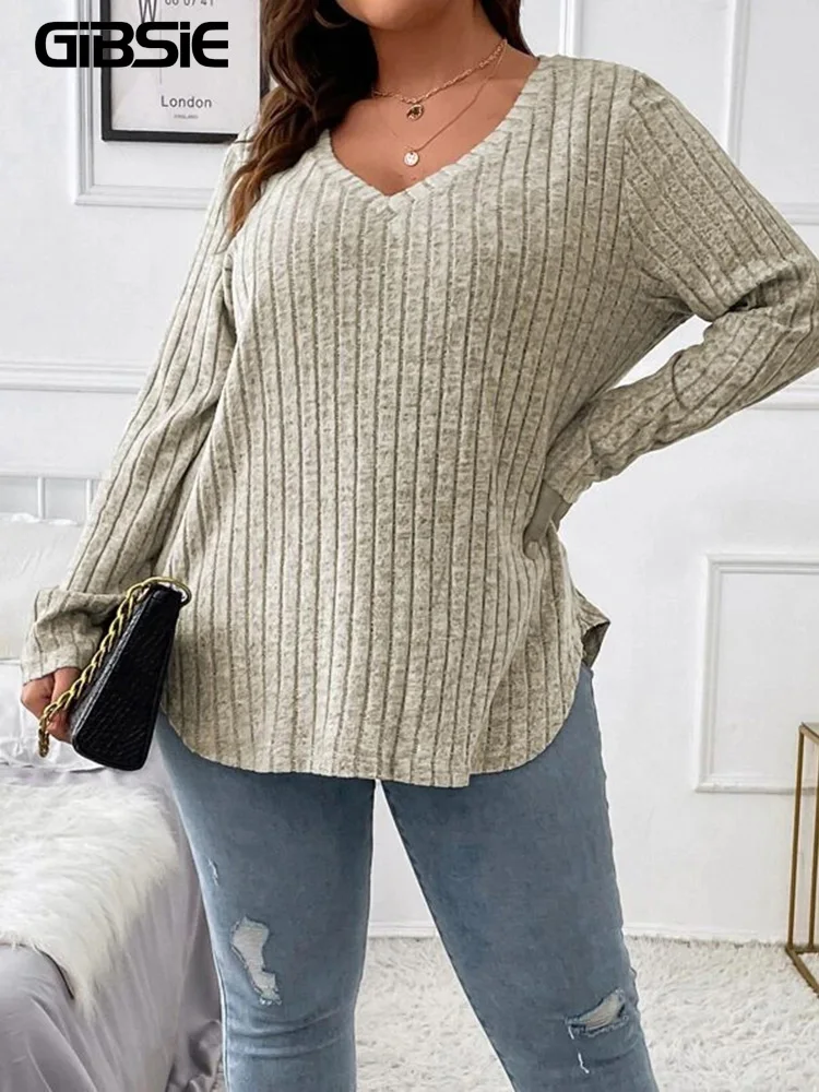GIBSIE Plus Size Women's Casual V-Neck Long Sleeve Tees Shirt 2024 Spring Autumn Fashion Loose Ribbed Knit Tops for Women - Image 3