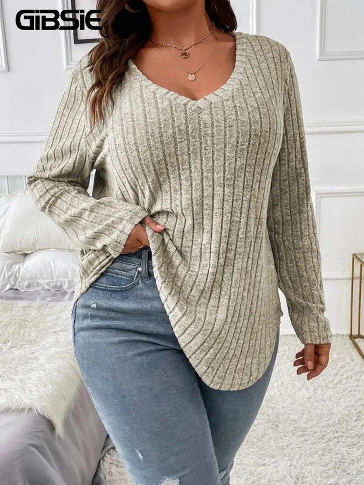GIBSIE Plus Size Women's Casual V-Neck Long Sleeve Tees Shirt 2024 Spring Autumn Fashion Loose Ribbed Knit Tops for Women - Image 5