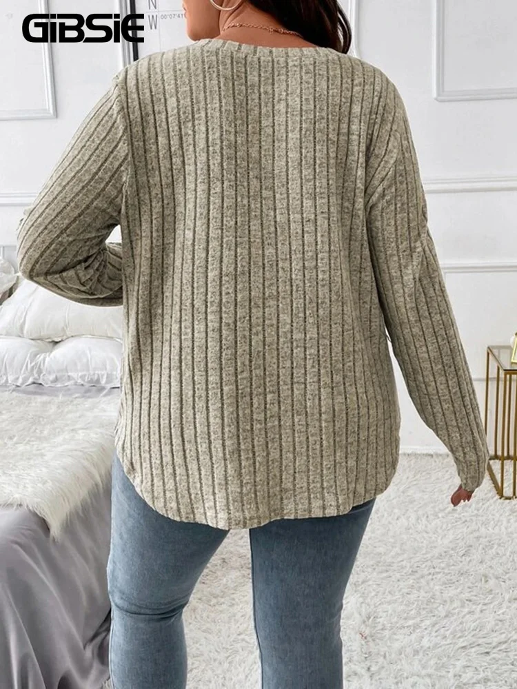 GIBSIE Plus Size Women's Casual V-Neck Long Sleeve Tees Shirt 2024 Spring Autumn Fashion Loose Ribbed Knit Tops for Women - Image 2