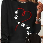 Heart Dog Paw Print T shirt Cute Crew Neck Autumn winter top women's long sleeved T-shirt loose comfortable black white