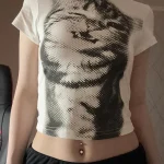Harajuku Animal Print Crop Top Basic White Short Sleeve Crewneck T-shirt Women Casual Slim-fitting Tees Lady y2k Vintage