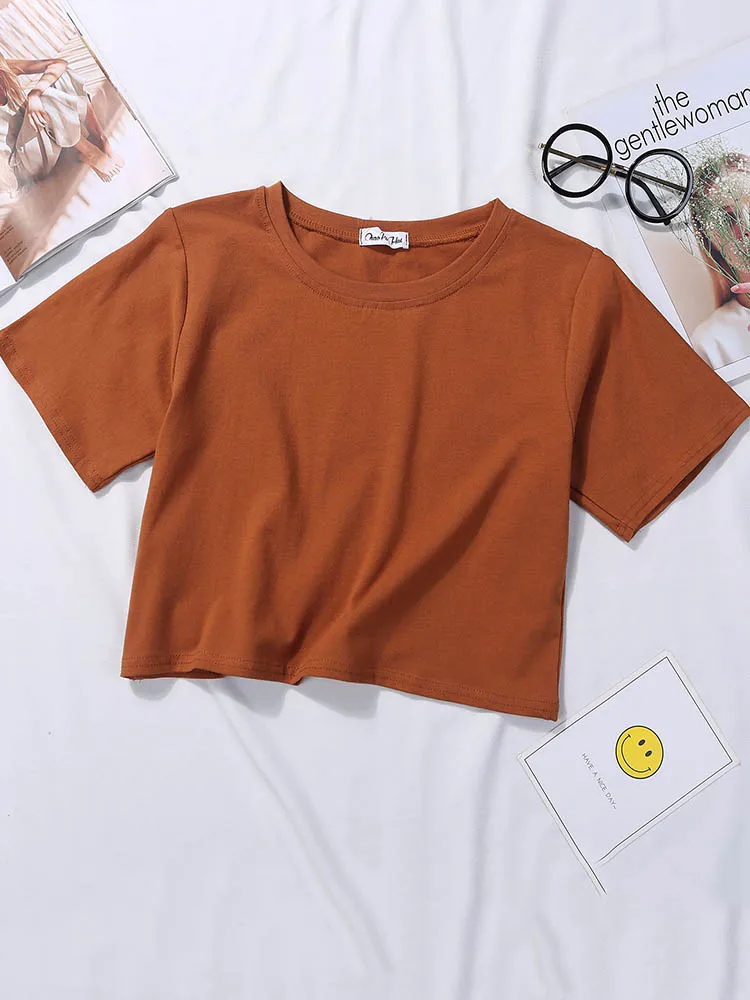 Summer Short Sleeve T Shirts Women Cotton Solid T-shirt O Neck High Waist Crop Top Tee Female Casual Loose T Shirt - Image 5