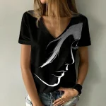 Abstract Portrait 3D Print T-Shirts Women's Fashion Oversized Short Sleeve V-Neck T-Shirt Female Streetwear Girl Woman Tees Tops