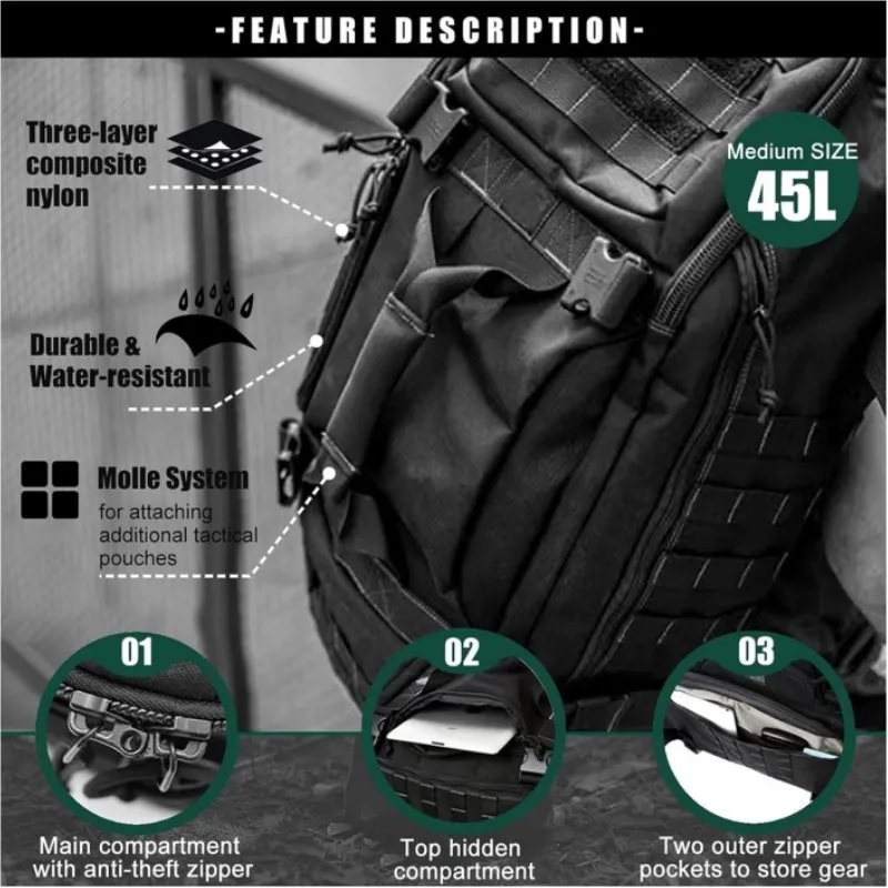 2025 New 45L Large Duffle Bag Tactical Backpack Outdoor Camping Bags Molle Men Backpacks Fashion Travel Bag for Hiking - Image 5