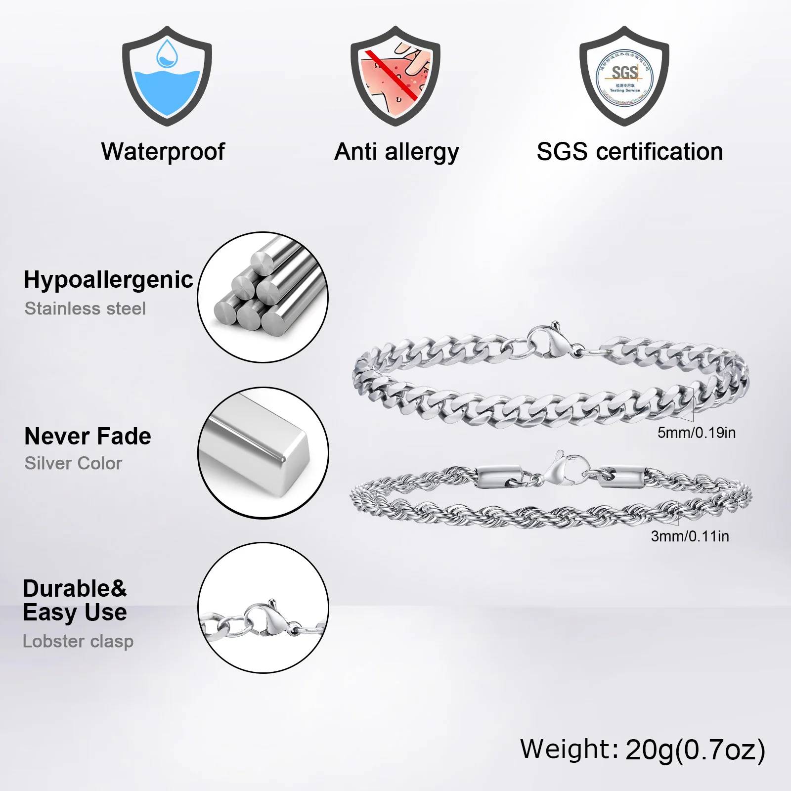 2pcs Men's Chain Bracelets,Stainless Steel Silver Gold Black Color Twist Rope Chain Wristband,Trendy Cuban Link Chains Gift - Image 4