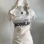 Y2k American retro hooded short sleeved fake two-piece T-shirt emo girl cut top women's summer shoulder slim fit