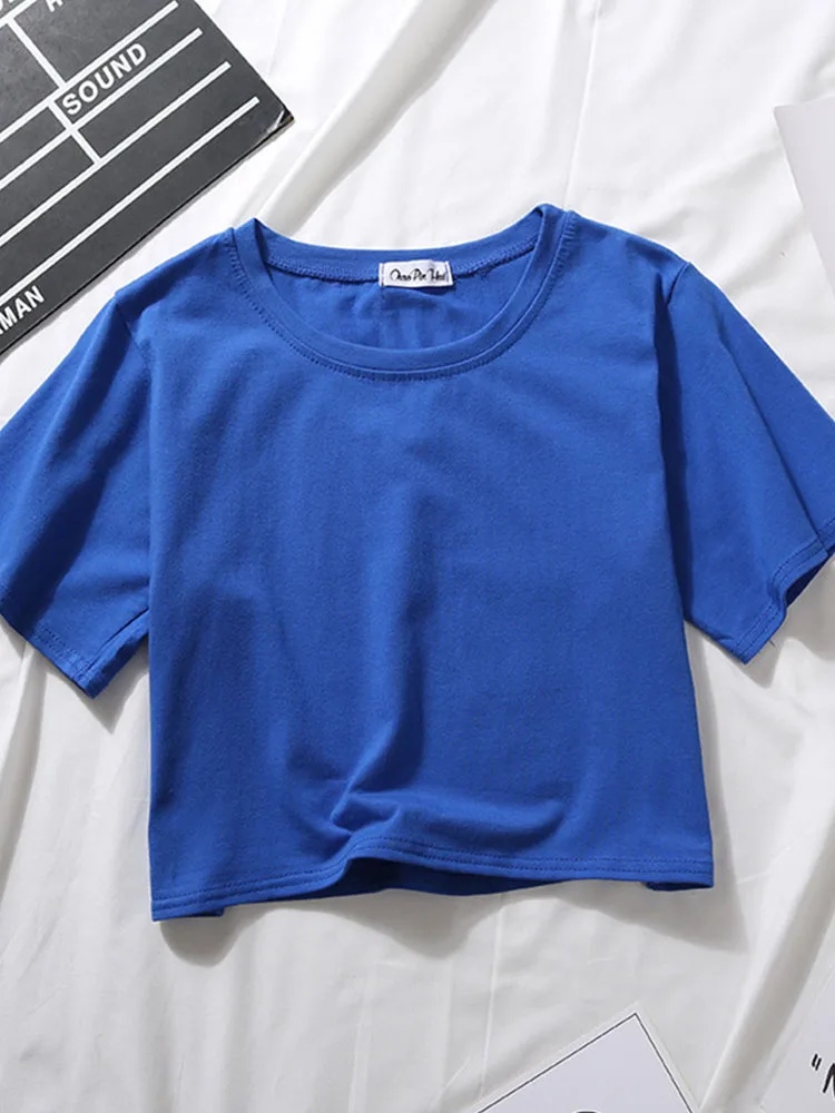 Summer Short Sleeve T Shirts Women Cotton Solid T-shirt O Neck High Waist Crop Top Tee Female Casual Loose T Shirt - Image 2
