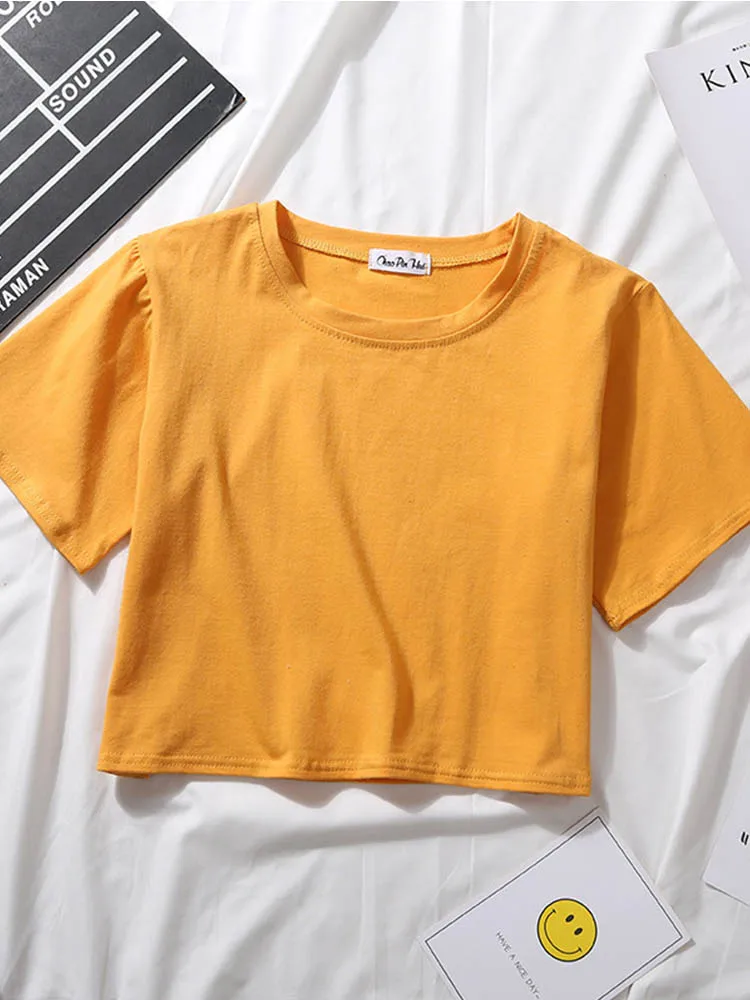 Summer Short Sleeve T Shirts Women Cotton Solid T-shirt O Neck High Waist Crop Top Tee Female Casual Loose T Shirt - Image 6