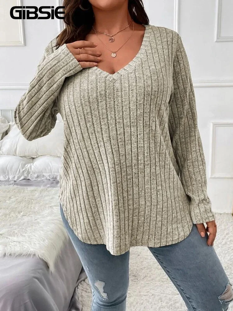 GIBSIE Plus Size Women's Casual V-Neck Long Sleeve Tees Shirt 2024 Spring Autumn Fashion Loose Ribbed Knit Tops for Women - Image 4