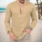 New Spring/Summer Men's Casual Solid Color Big V-neck Outdoor Long Sleeve Beach Style Fashion Trend Versatile Top Men's T-shirt