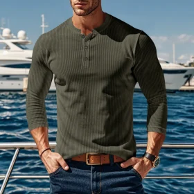 New Spring/Summer Men's Casual Corduroy Solid Color Top Outdoor Versatile Trend Fashion Button Round Neck T-shirt Long SleeveMen